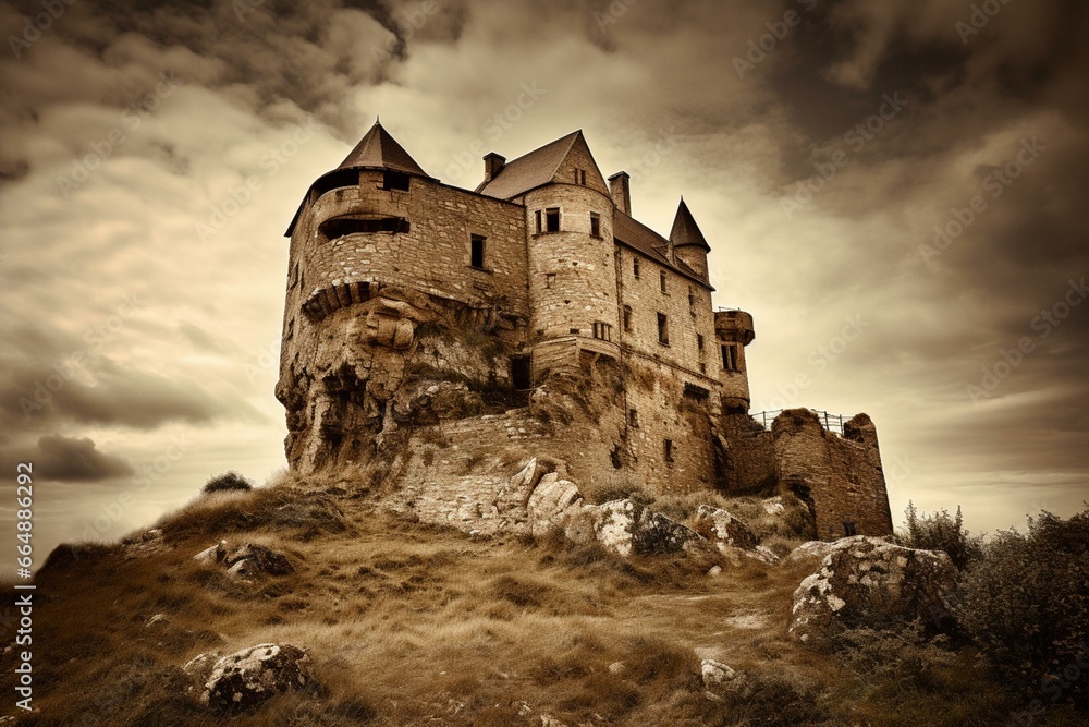 An old, damaged castle standing tall amidst the vast sky and surrounded by a medieval wall. Generative AI