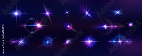 Light flare. Spark effect, space or star glint, twinkle beam, camera shine particle element. Pink and purple colors, beam reflections. Optical glare, abstract shining stars. Vector isolated exact set