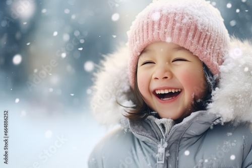 Child laughing in the snow - A bundled-up child, cheeks rosy from the cold, laughing as snowflakes fall on their eyelashes - AI Generated