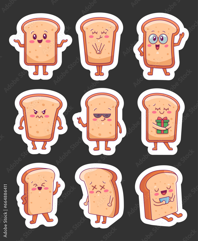 Funny happy toast characters. Sticker Bookmark. Cute cartoon sliced baked bread with smiley face. Hand drawn style. Vector drawing. Collection of design elements. Funny happy toast characters. Sticker Bookmark. Cute cartoon sliced baked bread with smiley face. Hand drawn style. Vector drawing. Collection of design elements.