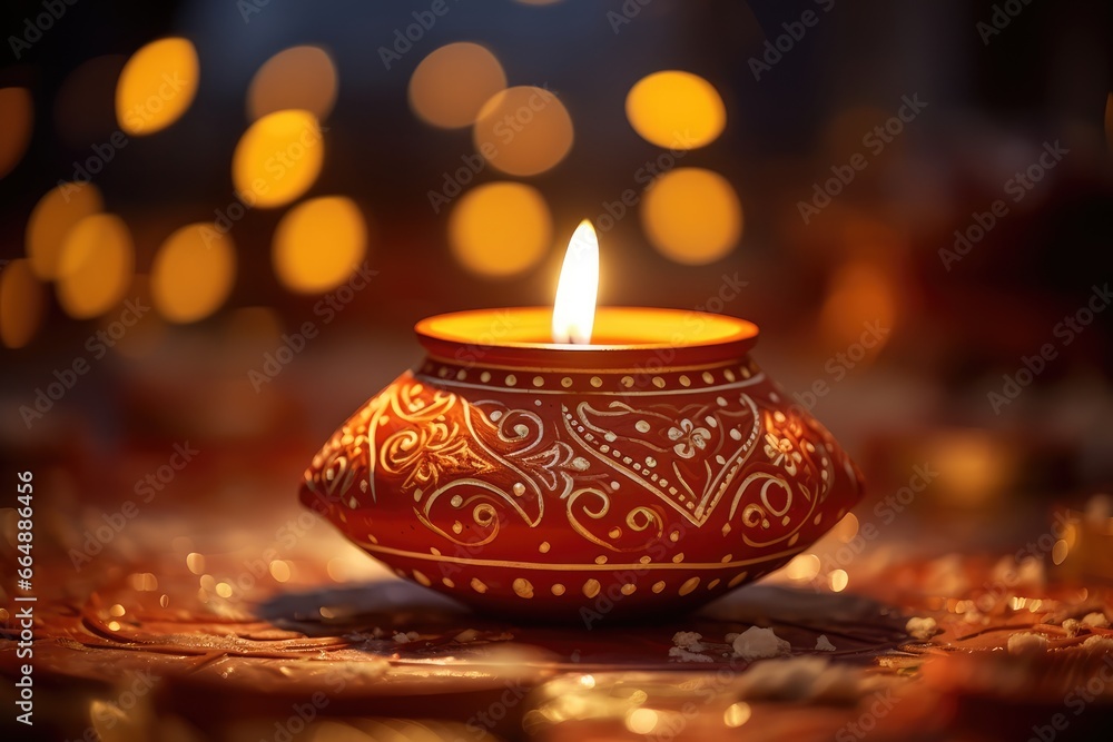 Traditional Diwali Clay Lamp - A singular lit diya, Indian Holiday - AI Generated Traditional Diwali Clay Lamp - A singular lit diya, Indian Holiday - AI Generated