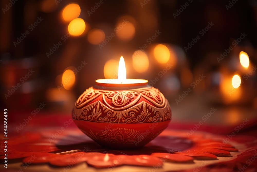 Traditional Diwali Clay Lamp - A singular lit diya, Indian Holiday - AI Generated Traditional Diwali Clay Lamp - A singular lit diya, Indian Holiday - AI Generated