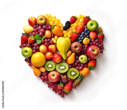 photo of fruits arranged in a heart shape on a white background. Generative AI