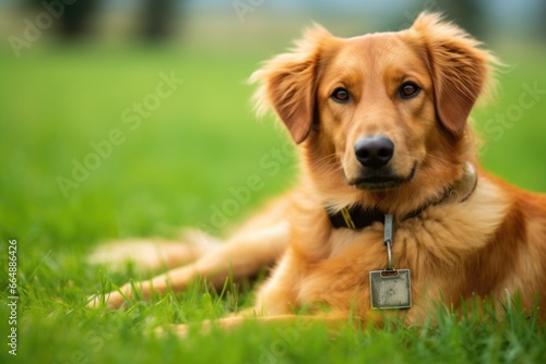dog tag with built-in microchip on green grass