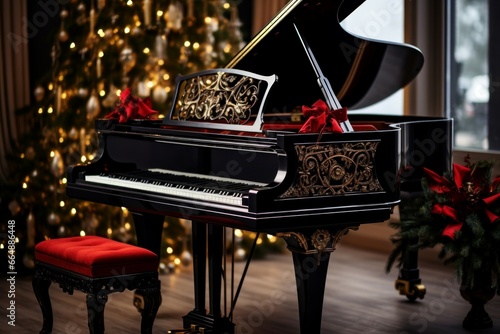 Piano with Christmas decoration design. Melody room instrument relatives. Generate Ai photo