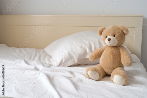 a childs bed with plain white linen and one stuffed animal