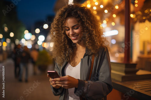 Beautiful woman as she smiles while gazing at her mobile phone, reflecting the joy of modern connectivity and communication. Ai generated