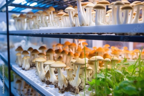a variety of mushroom species growing on different substrates in a lab
