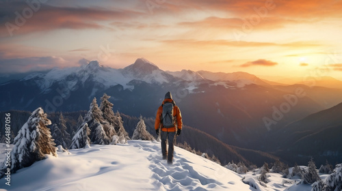 Man hiker on mountains peak in winter. Warm winter sportswear with tourist backpacks in the snowy pine mountains in an incredible sunset. Active rest. Adventure and nature concept. Generative AI.
