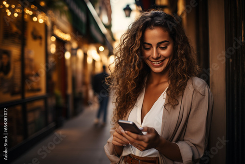 Beautiful woman as she smiles while gazing at her mobile phone, reflecting the joy of modern connectivity and communication. Ai generated