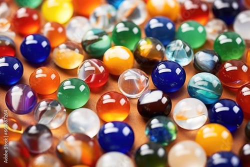 assorted glass marbles grouped on a colorful surface
