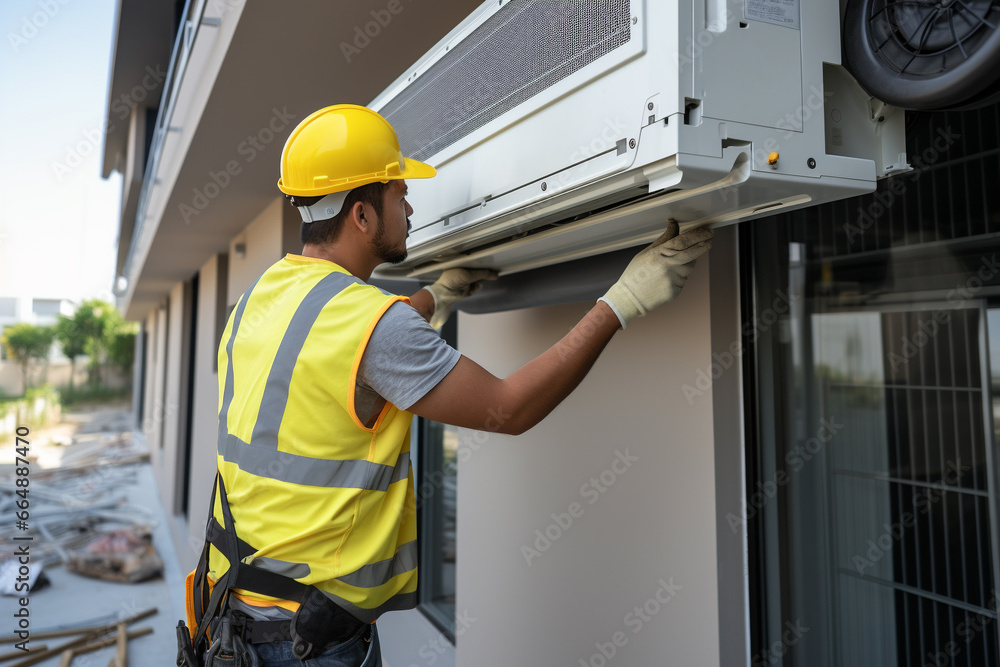 Skilled construction worker diligently installing an air conditioning unit on the wall inside an apartment. Ai generated Skilled construction worker diligently installing an air conditioning unit on the wall inside an apartment. Ai generated