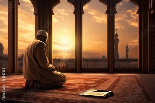 Muslim man praying in mosque photo