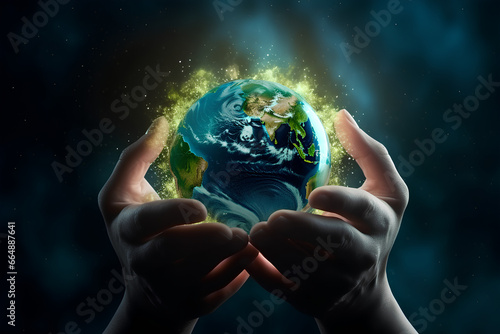 Planet earth in hands in 3d render style