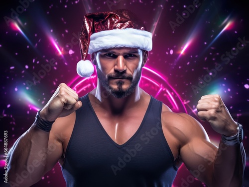 A muscular man in a Christmas hat and sunglasses. Festive lights and sparkles at the backgrounds