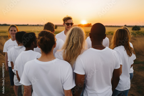 A group of people practice sungazin outdoors, sun yoga