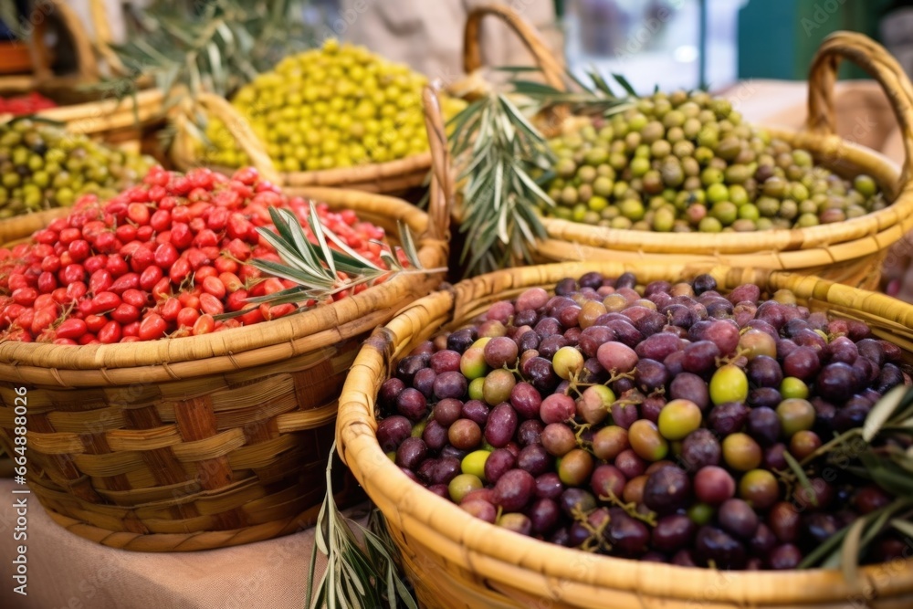 close-up of freshly harvested olives in baskets