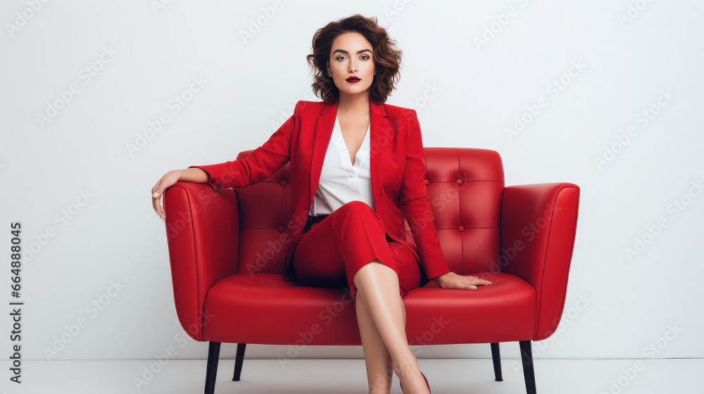 beautiful young woman model setting on armchair in red suit. beautiful young woman model setting on armchair in red suit.