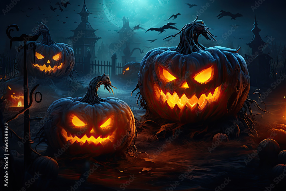 Fototapeta premium halloween pumpkins illuminate in the woods with moon as the moon nears