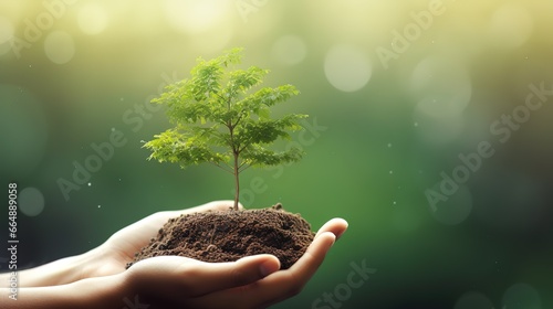 someone brought a tree seedling. illustration of the concept of forest reforestation. Generative AI