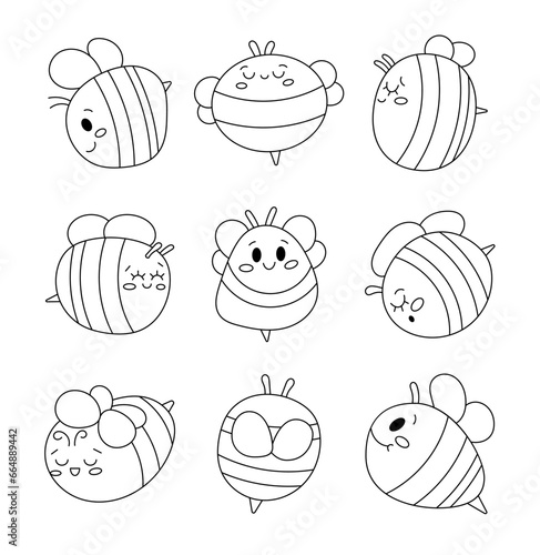 Cute cartoon bee characters. Coloring Page. Honeybee with a smiling face. Hand drawn style. Vector drawing. Collection of design elements.