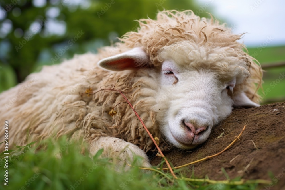 a wooly sheep resting in a green pasture, closed eyes a wooly sheep resting in a green pasture, closed eyes