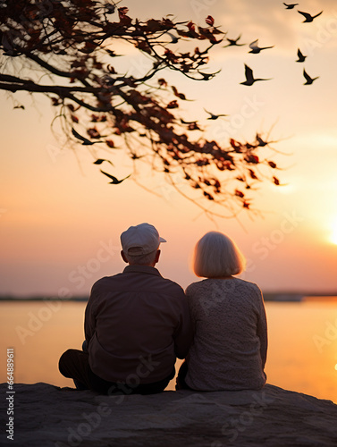 Senior couple sitting on a rock by the lake and watching the sunset photo