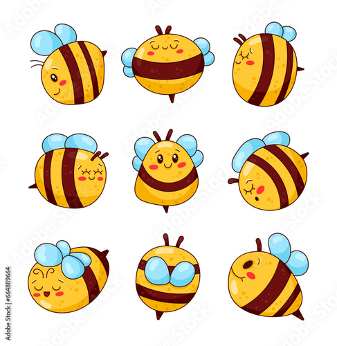 Cute cartoon bee characters. Honeybee  with a smiling face. Hand drawn style. Vector drawing. Collection of design elements.