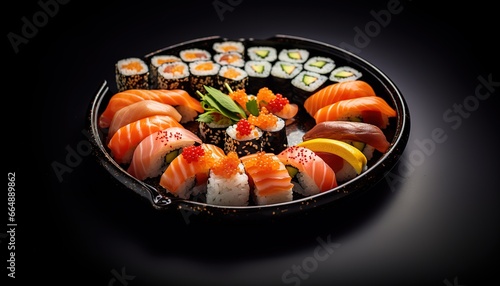 sushi rolls with salmon on a plate. Generative AI