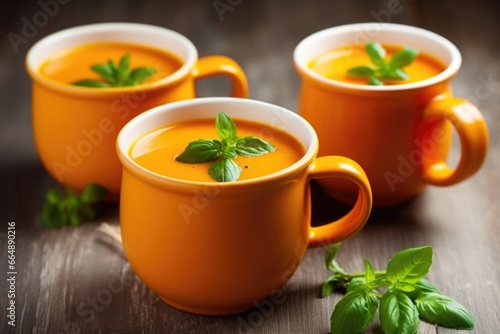 garnishing tomato soup with a sprig of basil