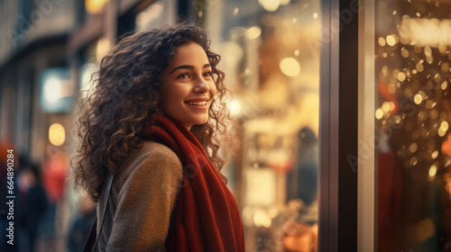Lovely spanish woman looking at Christmas decorations inside a store window joyfully