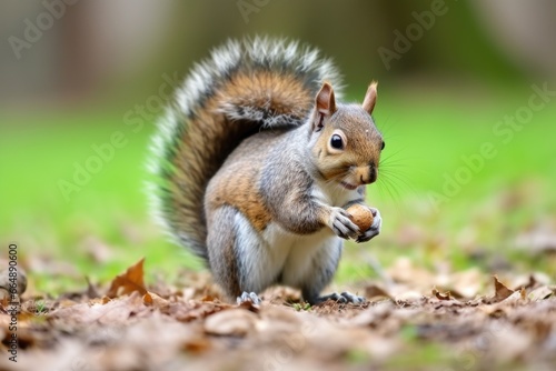 a grey squirrel nibbling a nut in a park