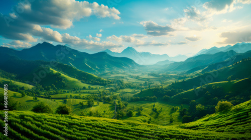 Beautiful landscape view of tea plantation on bright sunny day