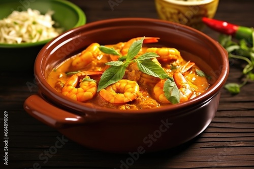 serving prawn curry into a ceramic bowl