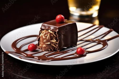 handpiece a chocolate-dipped pretzel on a dessert plate photo