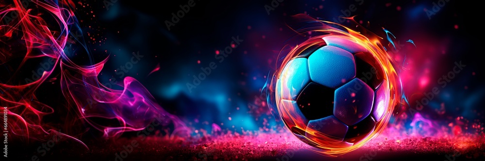 Naklejka premium Panoramic neon soccer ball.