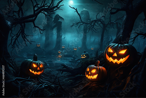 halloween pumpkins illuminate in the woods with moon as the moon nears