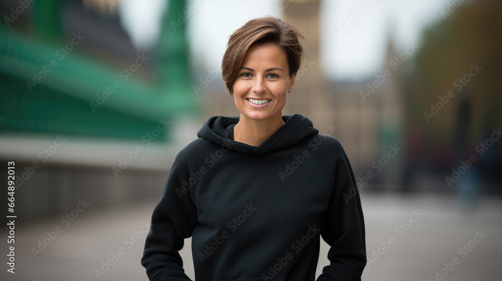 a beautiful woman with brown short hair wearing a black sweatshirt standing against a London street. a beautiful woman with brown short hair wearing a black sweatshirt standing against a London street.
