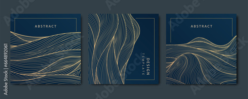 Vector set of luxury fancy golden patterns, linear style wavy cards. Art deco flow banners, wave post templates for social net, tags, covers