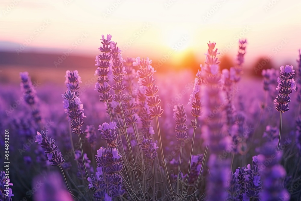 Fototapeta premium Close up lavender flowers in beautiful field at sunset.