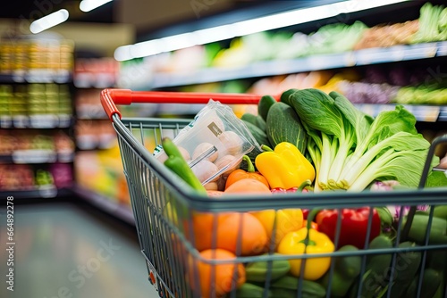 Close up of full shopping cart in grocery store.