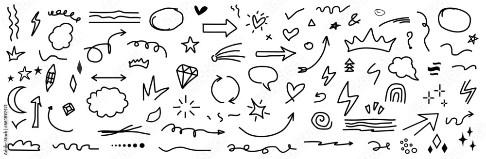 Doodle Hand drawn Sketch arrow element vector set, star, heart shape. cloud speech bubble element collection. Arrow, line, heart, diamond, element brush decoration