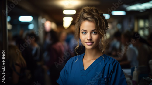 Portrait of a happy young nurse in uniform against the background of the clinic. The nurse smiles and looks at the camera. A handsome and satisfied medical worker looks at the camera. AI generative