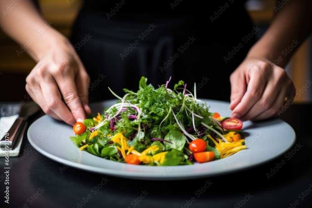 hands delicately arranging salad on a modern plate