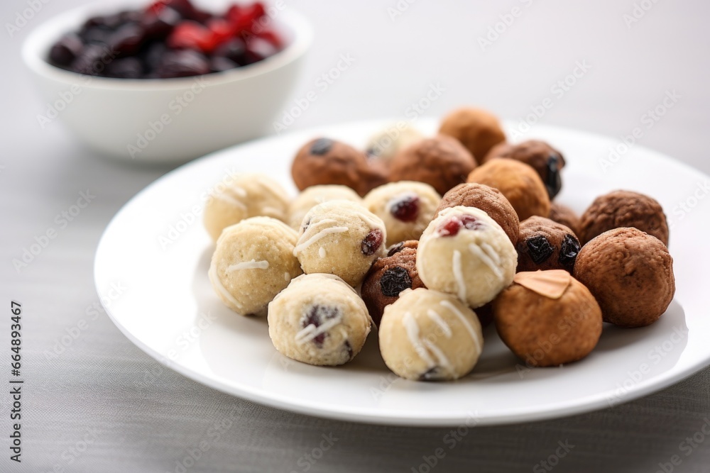 an arrangement of mini muffins on a white ceramic plate