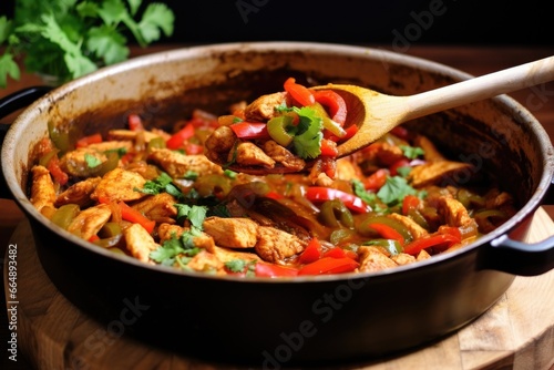 stirring pan of chicken fajita with wooden spoon