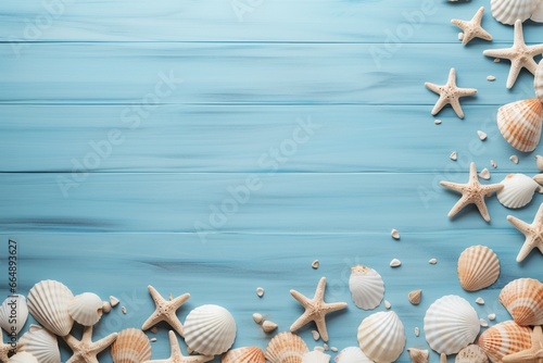 Seashells and Starfish Beach Concept on Light Blue Wooden Background