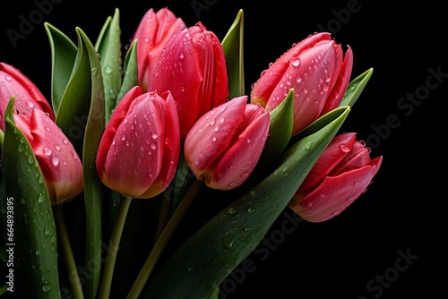 Tulip Bouquet with Water Drops on Black Background #664893895