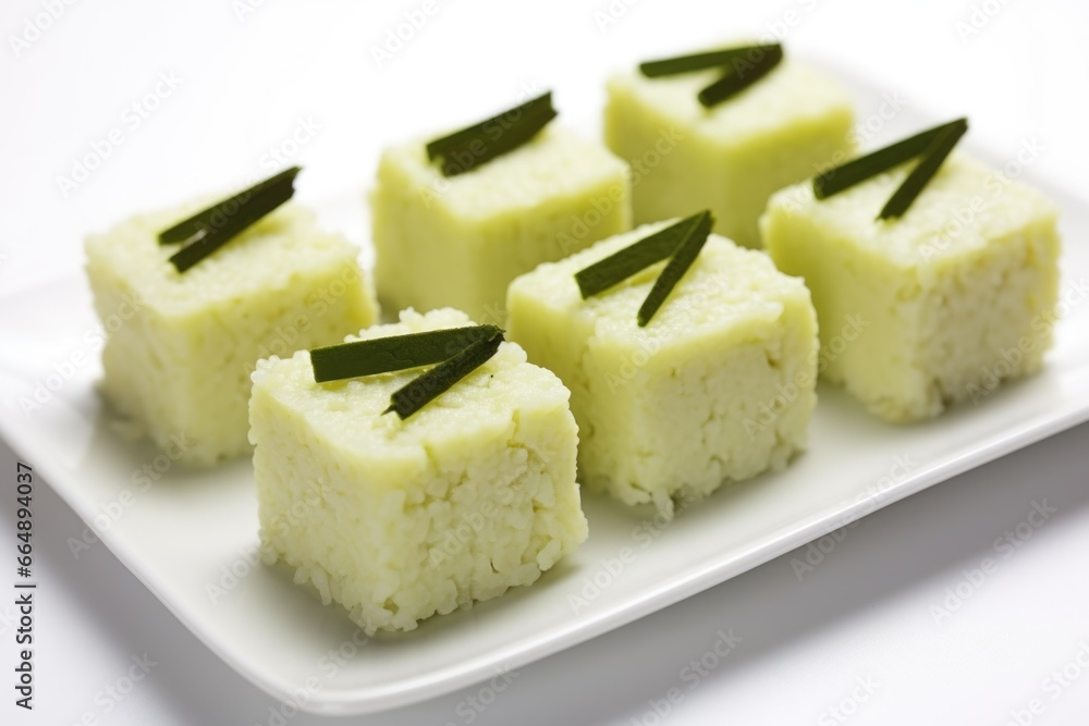 diced avocado over rice cake slices on a white background diced avocado over rice cake slices on a white background