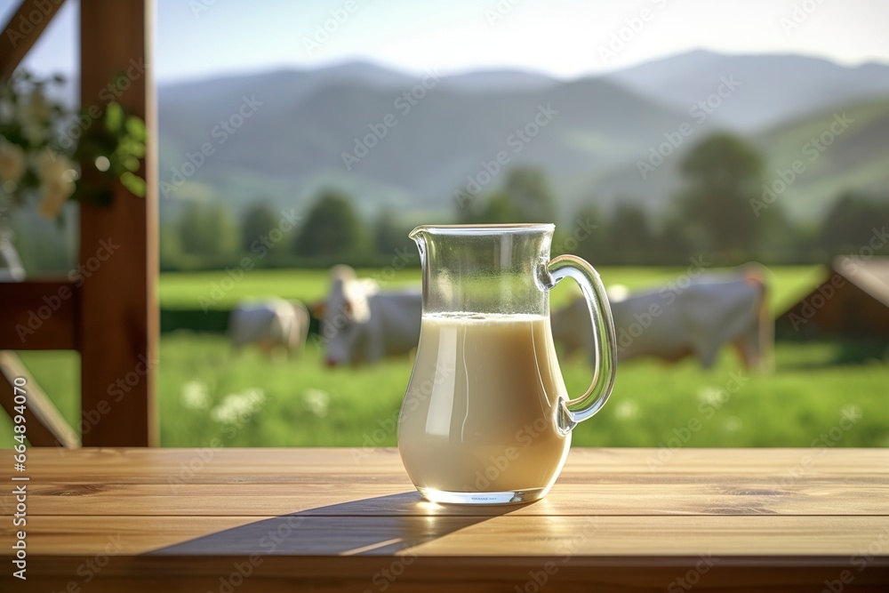 Glass pitcher with fresh milk on a wooden table. Glass pitcher with fresh milk on a wooden table.